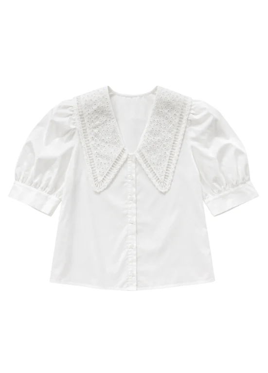 CAMISA BRANCA COM GOLA EM BORDADO INGLÊS E MANGA BALÃO - ALIBY